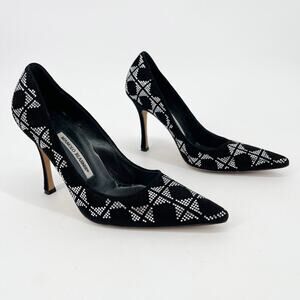 Manolo Blahnik Black Suede Crystal Embellished Pointed Toe Pumps Heels IT 39.5